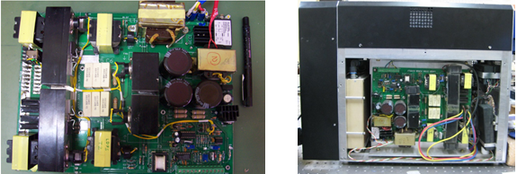 लेजर डायोड पावर कनवर्टर बोर्ड (बाएं) और लेजर मार्कर सिस्टम (दाएं) में इसका एकीकरण।