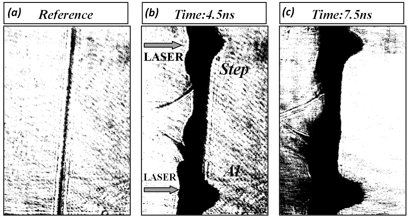 (a) The shadowgraphs of the reference foil target (b) The shadowgraphs of the foil target at (4.5ns) and (c) The shadowgraphs of the foil target at (7.5ns) indicating the two regions of irradiation namely aluminum foil and mixed coated region