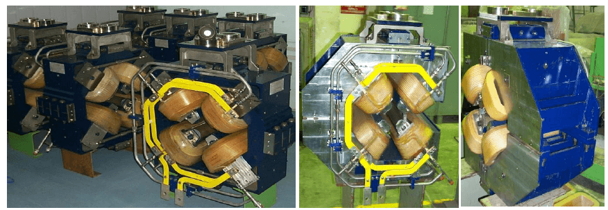 Fig. 32: Close-type quadrupole (Q1) magnets (L) & open-type quadrupole (Q3 & Q4)) magnets (R) of Indus-2.