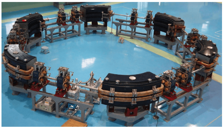 Fig. 42: Assembly of new Booster Synchrotron ring with upgraded main dipole and quadrupole magnets with their supports & positioning systems.