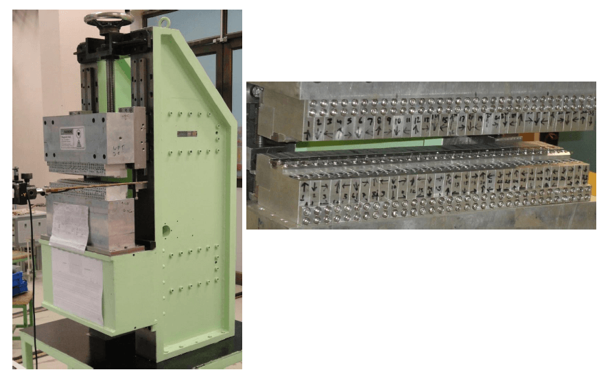 Fig. 100: Magnetic field measurement of pre-prototype Undulator with Hall sensor (L) and detail assembly view of PM blocks on the jaws (R).