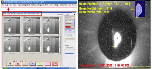 Figure 3: GUI of image acquisition, analysis software and captured beam spot on beam slit monitor