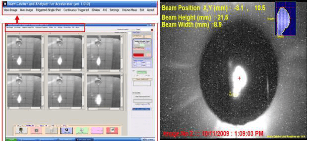 चित्र 3: बीम झिरी पर प्रतिबिम्ब अभिग्रहण का जीयूआई, विश्लेषण सॉफ्टवेयर व बीम झिरी मॉनीटर पर प्रग्रहित बीम स्पॉट