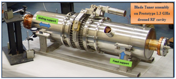 Assembly of 1.3 GHz 9-cell prototype RF dressed cavity with tuner.
