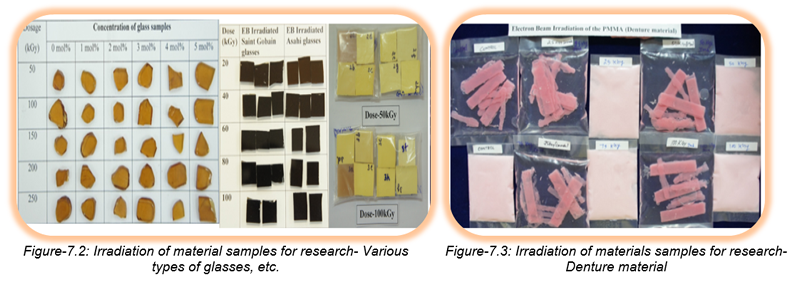 Figure-7: (Left)Irradiation of material samples for research- Various types of glasses, etc. (Right) Irradiation of materials samples for research- Denture material)