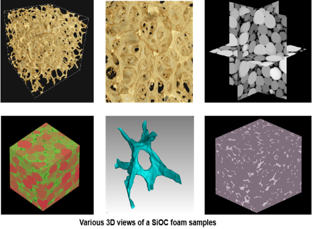  Various 3D view of SiOC foam sample generated using segmentation and colour coding   