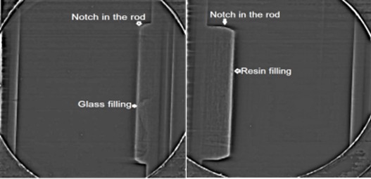  Resin and glass filled notched features inside a 450 μm thick stainless steel simulant fuel rod