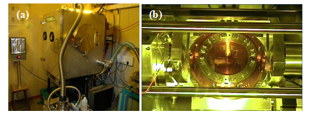 (a) X-ray scanner system in Experimental Hutch, (b) Inside view of x-ray scanner, showing the mounted x-ray mask and resist on goniometer.