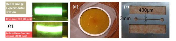 (c) Beam at Experimental Station, (d) Gold based x-ray mask, (e)  Stainless steel x-ray mask.