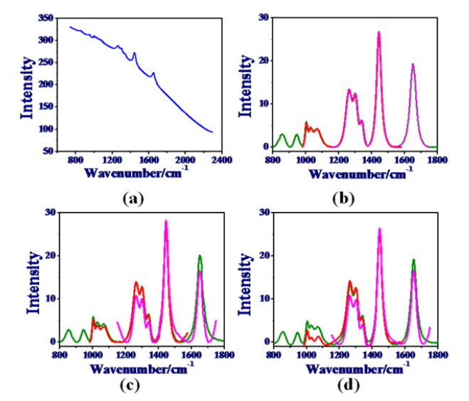 (a) Raw Raman spectrum and the Raman signals recovered from it using (b) the RIA, (c) the ModPoly, and (d) the I-ModPoly for three different spectral ranges: (i) range-1 corresponding to 800-1800 cm<sup>-1</sup>, (magenta) (ii) range-2 corresponding to 980-1580 cm<sup>-1</sup> (red), and (iii) range-3 corresponding to 1150-1750 cm<sup>-1</sup> (green). Ref: Journal of Raman spectroscopy, 43(12), 1884–1894, (2012). https://doi.org/10.1002/jrs.4127