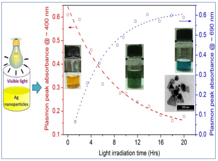 Fig. 16 Effect of light irradiation on growth of Ag triangular nanoparticles from LPPLA grown spherical nanoparticles.