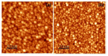 Fig. 3 AFM images of silver nanoparticle films grown in (a) vacuum and (b) helium ambience.