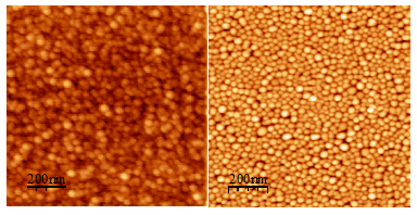 Fig. 5 AFM images of silver-gold alloy nanoparticle films grown at 300ºC substrate temperature with (left) 2000 and (right) 4000 total number of pulses (Ag/Au pulses ratio 1:1).