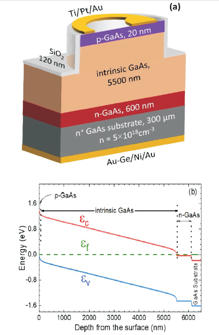 4.1:(a) Schematic cross sectional view, and (b) energy
band profile of GaAs p-i-n photodetector