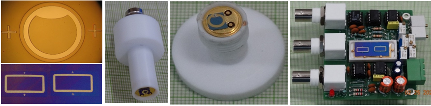 Fig. A. 1 Photographs of indigenously developed a) single b) & c) dual element GaAs based p-i-n photodetectors, d) balanced detector along with electronics