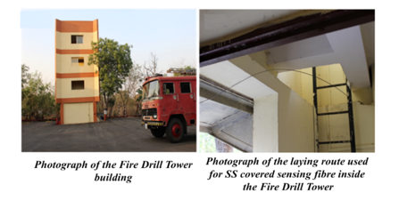 Photograph of Fire Drill Tower building and Photograph of the laying route used for SS covered sensing fibre inside the Fire Drill Tower 