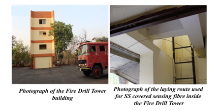Photograph of Fire Drill Tower building and Photograph of the laying route used for SS covered sensing fibre inside the Fire Drill Tower