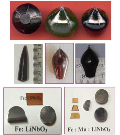 Undoped and doped Lithium Niobate single crystals (top row) grown using Czochralski technique and the fabricated elements (bottom row) (Cryst. Growth Des. 8 (2008) 4424-4427; Cryst. Res. Technol. 44 (2009) 305-308; Cryst. Res. Technol. 44 (2009) 1303-1307)
