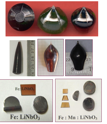 Undoped and doped Lithium Niobate single crystals (top row) grown using Czochralski technique and the fabricated elements (bottom row) (Cryst. Growth Des. 8 (2008) 4424-4427; Cryst. Res. Technol. 44 (2009) 305-308; Cryst. Res. Technol. 44 (2009) 1303-1307)