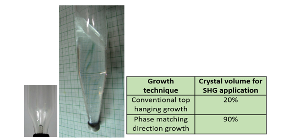 SHG oriented seed in ampoule and final unidirectionally grown Benzophenone crystal with SHG device yield of 90%  [Proc. NLS-26 (2017), BARC Mumbai]
