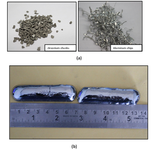 Fig. 1 (a) Raw materials used for arc-melting (b) Photograph of Zr-16%Al ingots obtained after arc-melting