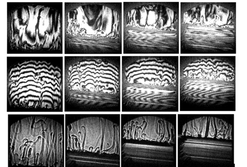 Time lapsed images of convective field during unidirectional crystal growth at three stages of growth observed by M-Z interferometry in infinite fringes (top row), wedge fringes (middle row), and shadowgraphy (bottom row) [Opt. Las. Tech. 132 (2020) 106491 (1-15)]